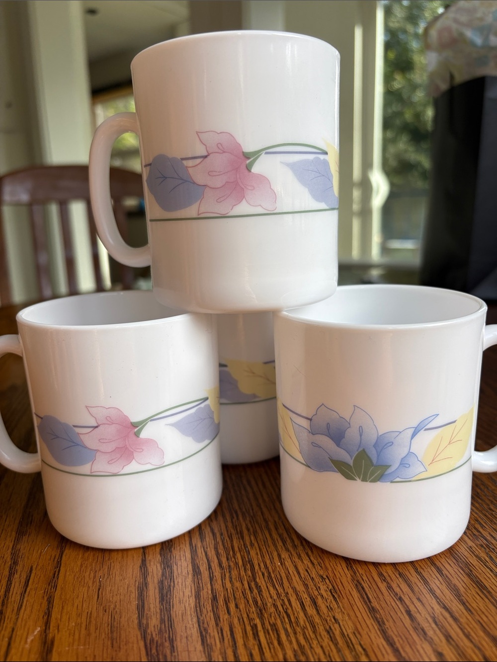 Vintage Arcopal France Milk Glass Blue White Floral Coffee Mug Set of 4